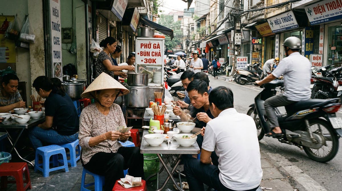 Vibrant street food scene in Hanoi Old Quarter with locals enjoying Vietnamese cuisine