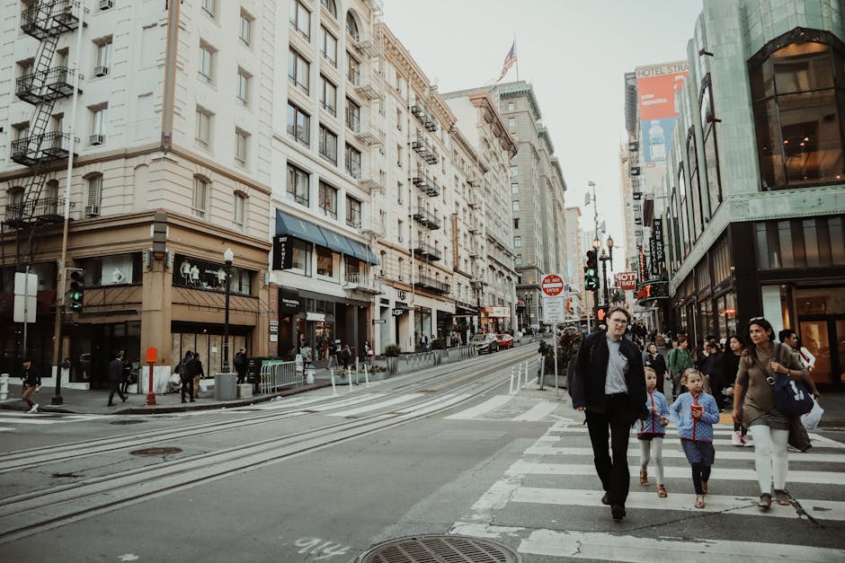 Vibrant city street with people crossing