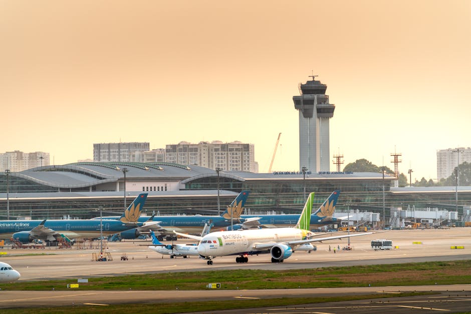 Airplanes parked on runway under golden sunset
