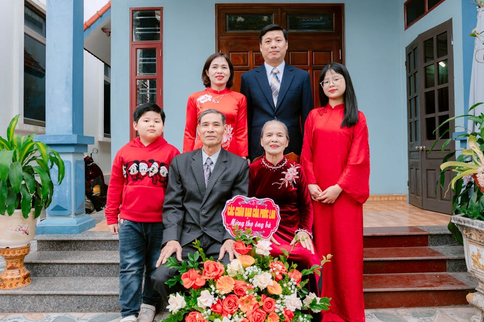 Multi-generational Vietnamese family in traditional clothing
