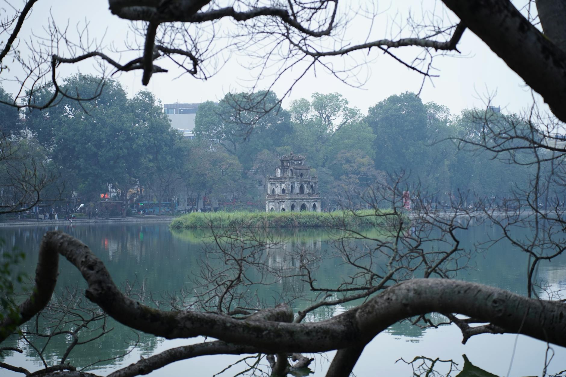 Peaceful Turtle Tower view in Hanoi over Hoan Kiem Lake
