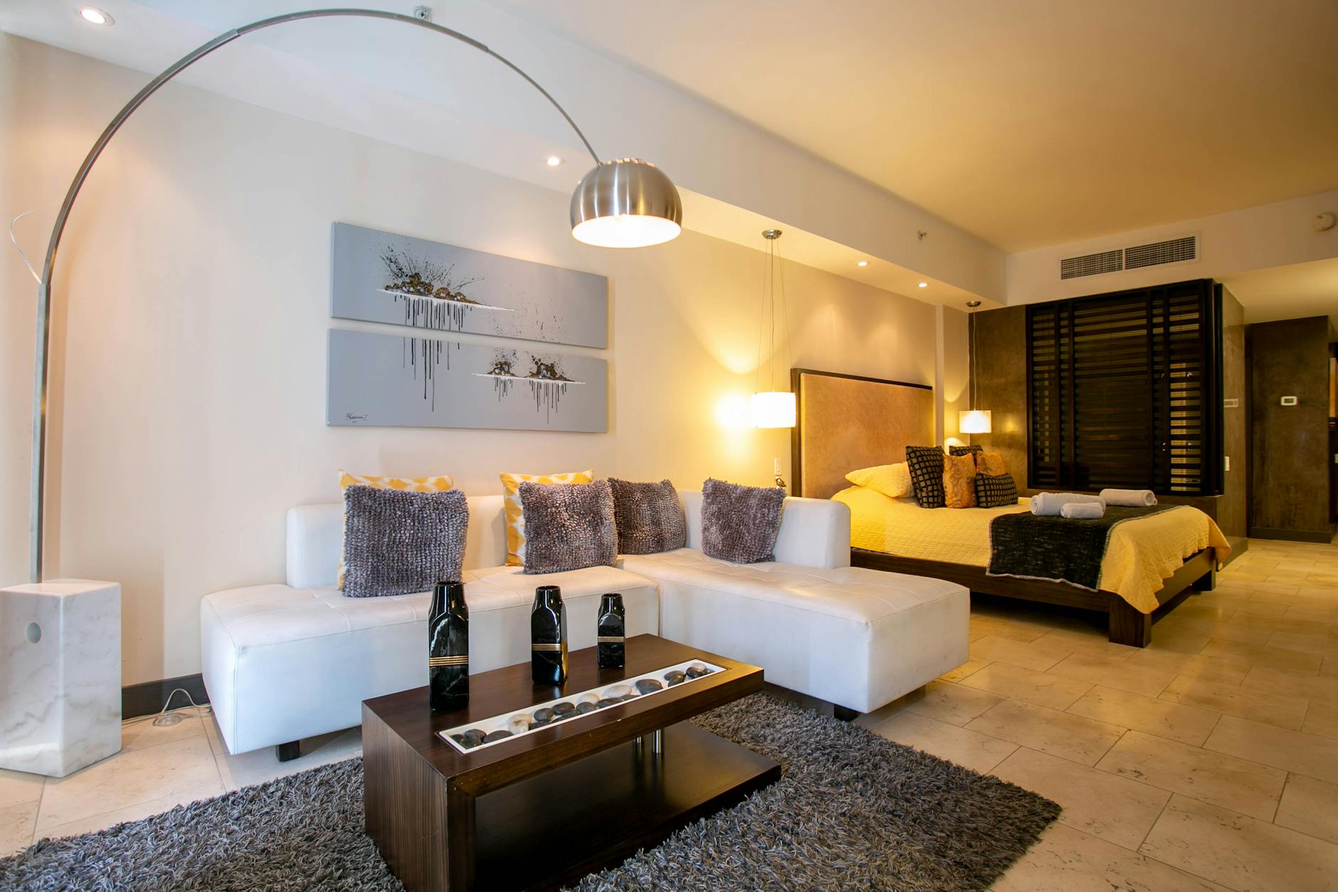 Elegant luxury hotel suite with modern furniture and decor