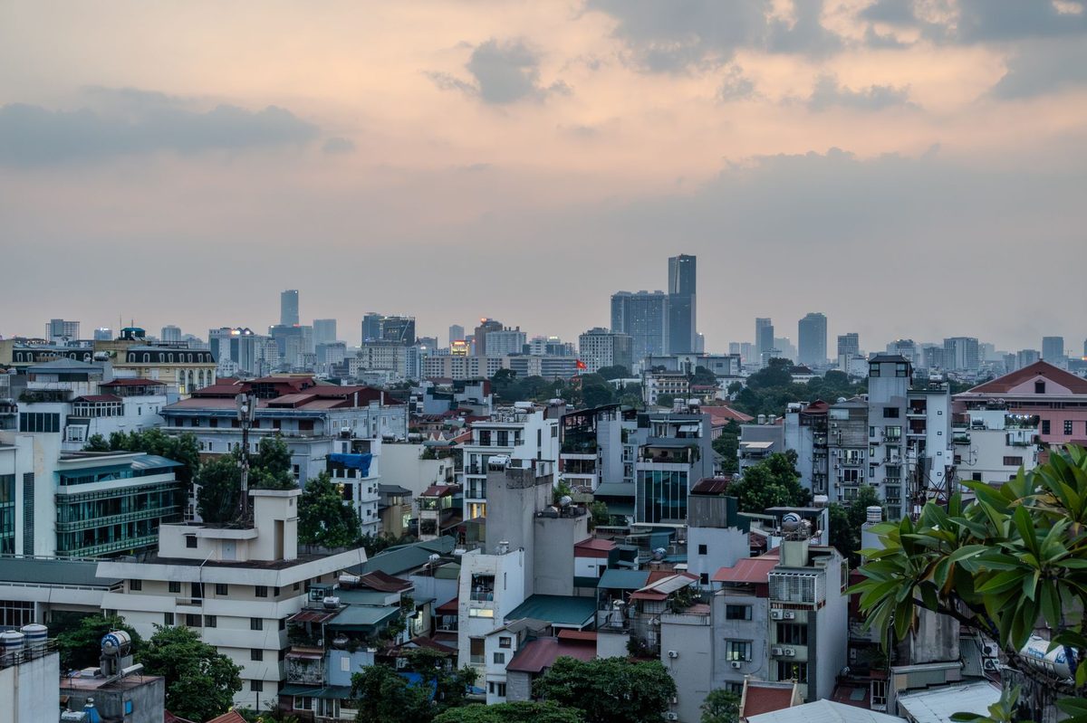 Aerial view over Hanoi's central neighbourhoods and rooftops